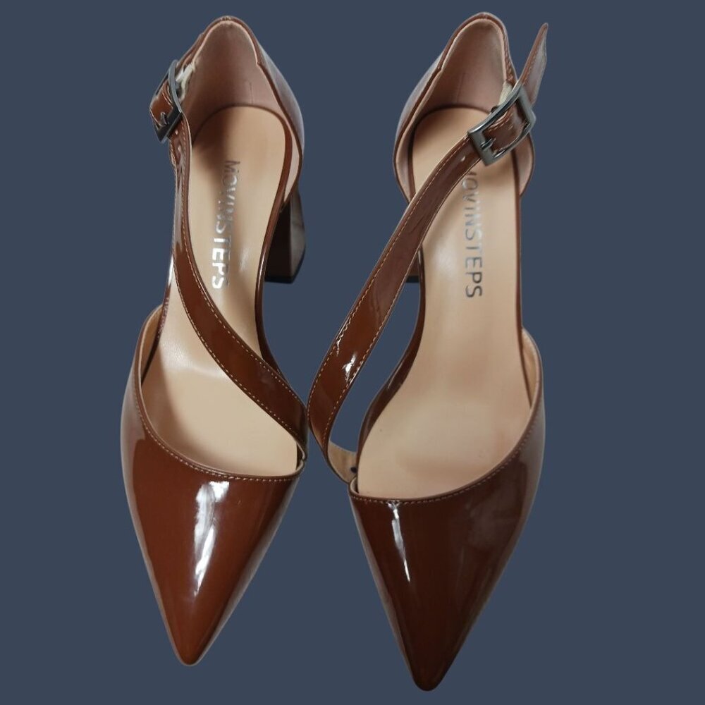 Movinsteps Womens Patent Leather Block Mid Heel Strap Pumps Brown Size 5 - Picture 8 of 14